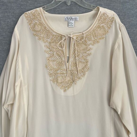 Diane von Furstenberg Embroidered Silk Tunic Womens 1X Cream Gold Sheer Elegant - Picture 2 of 10